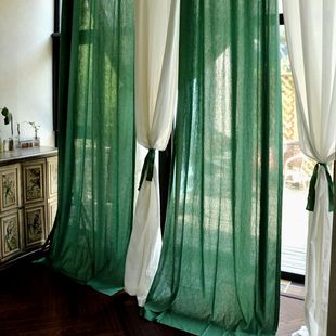窗帘亚麻棉麻绿色美式乡村地中海客厅卧室窗帘布定制。翠竹绿和白