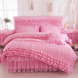 韩版公主纯色蕾丝床裙床罩式四件套磨毛花边被套床套多件1.5/1.8m