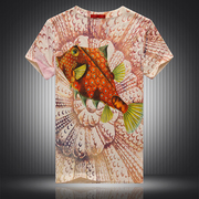 夏季男士花式鸡心V领短袖T恤 时尚个性大红鲤鱼泡泡图案印花