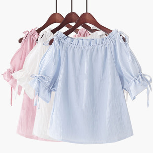 春季韩版一字领泡泡短袖，纯色甜美露肩，蝴蝶结系带娃娃雪纺衫