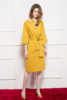 fullinlove原创设计跨界芥末，黄色欧美范收腰系带中袖连衣裙