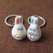 手绘可爱小兔子陶瓷钥匙扣，女韩国创意不锈钢挂件陶瓷饰品