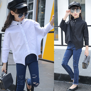 秋季女童衬衫2022韩版中小童白色阔型衬衫黑色蝙蝠长袖外套衬衫潮