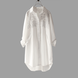 原创白色衬衫女中长款长袖，百搭休闲欧范刺绣树枝，棉衬衣打底衫