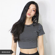 ins网红韩版小个子短款露脐高腰上衣 紧身显瘦短袖条纹T恤女