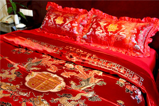 大红色结婚龙凤百子图四件套，杭州丝绸缎被套全棉床单枕套婚庆