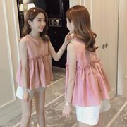 孕妇t恤夏装韩版无袖可爱粉色，小个子娃娃衫，时尚短款上衣两件套装