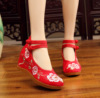 老北京布鞋女7厘米绣花鞋芙蓉花，民族风红色内增高新娘高跟鞋时尚
