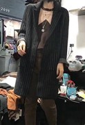 2017冬季韩国CHIC风黑白竖条纹羊毛呢中长款针织开衫毛衣外套