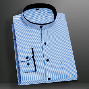 春季中山装长袖衬衫男立领商务，休闲蓝色竖条纹，衬衣男西装圆领寸杉