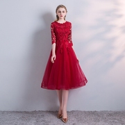 2022年镂空蕾丝简约夏季红色修身成人礼裙聚会伴娘裙回门装礼服裙