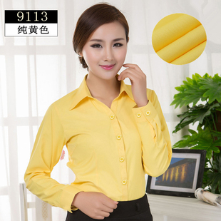 春季长袖衬衫女职业工装修身V领ol通勤纯黄色衬衣女打底衫工作服