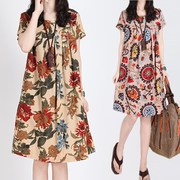 夏季中裙韩版复古民族棉麻风，花色宽松大码女装，显瘦短袖连衣裙