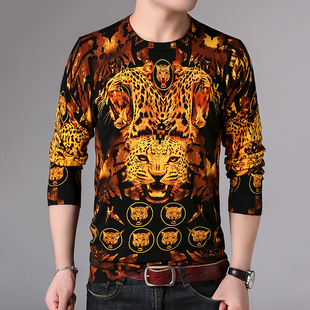 非主流时尚潮流男士花式毛线衣薄 创意个性豹子头纹图案针织T恤衫