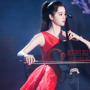 欧阳娜娜(欧阳娜娜)同款大提琴钢琴，小提琴演出晚礼服儿童，红色单肩长款公主裙