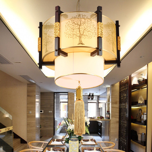 现代中式吊灯圆形羊皮灯仿古实木，客厅餐厅卧室，led灯具古典木艺灯