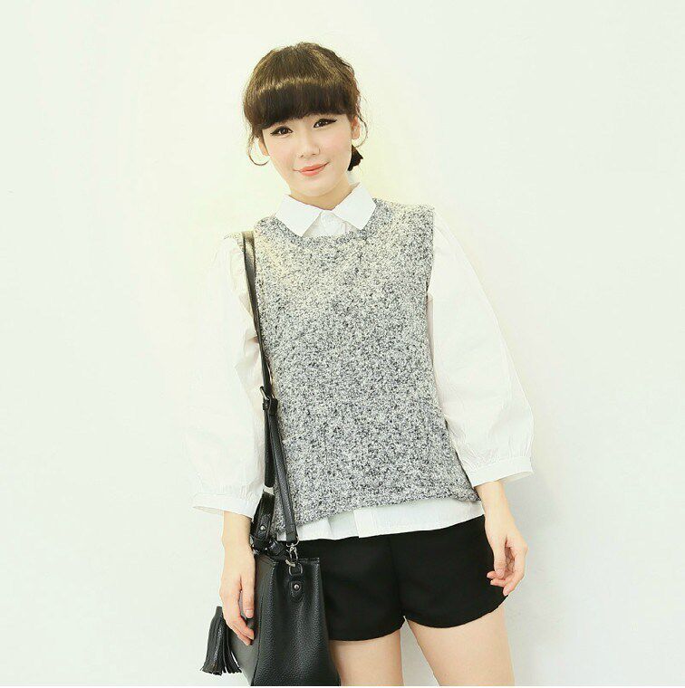 韩国东大门新款超洋气针织呢子<em>马甲背心</em>+衬衣