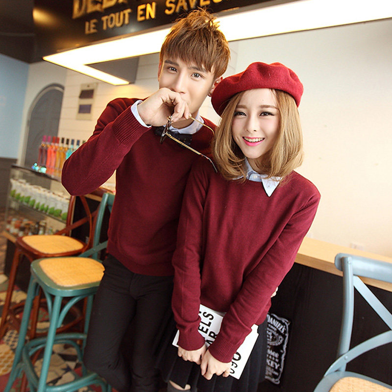 酒红色情侣针织衫套头韩版<em>修身毛衣</em>男式外套男
