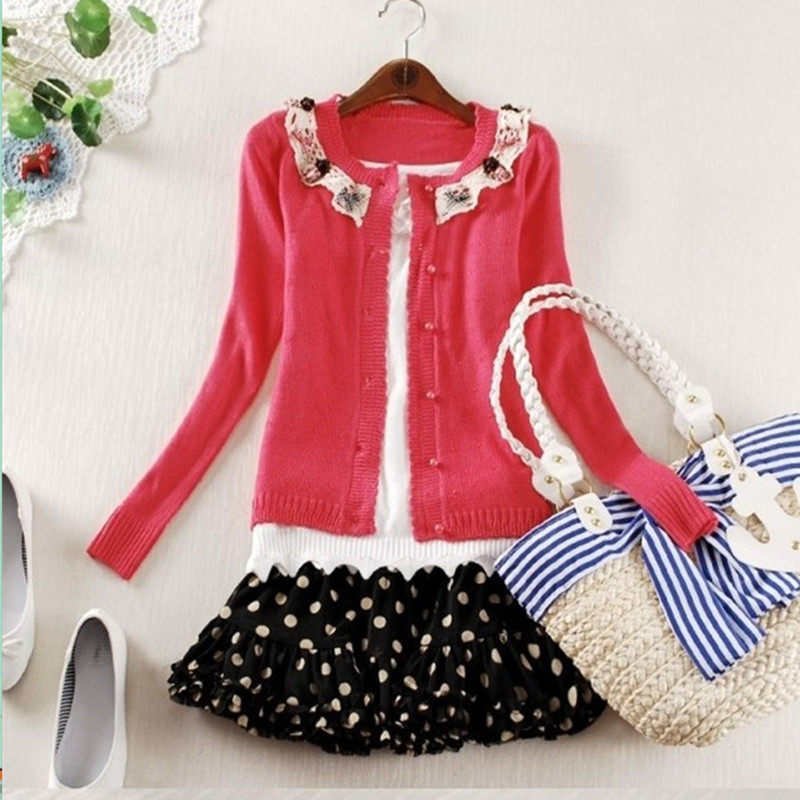 2013春秋<em>韩版短款</em>甜美<em>长袖针织衫</em>少女蕾丝花