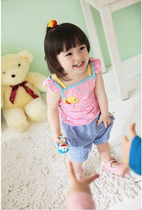 特卖 韩版<em>童装</em>女童粉色印花吊带<em>衣短裤</em> 夏款背