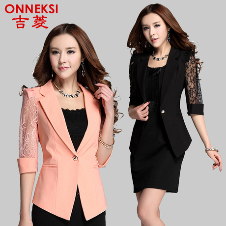 2014<em>春装新款女装</em>中袖<em>小西装</em>时尚雷丝拼接五
