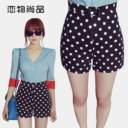 <em>复古波点高腰短裤</em>女夏季韩版弹力OL显瘦圆点