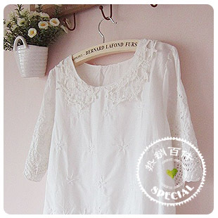 日系森林系小清新娃娃领宽松短袖女式棉蕾丝衬