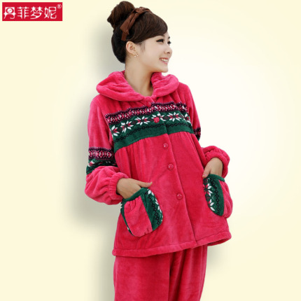 <em>女款</em>秋<em>冬季</em>长袖加厚珊瑚绒<em>睡衣</em> <em>冬天红色法兰</em>
