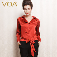VOA 纯红色真丝衬衫飘带上衣 2014丝绸女装 