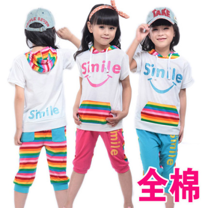 童装女童夏装七分裤套装纯棉全棉彩虹条笑脸微
