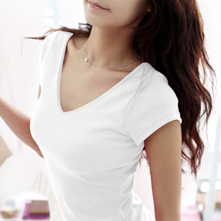 白色纯棉t恤女短袖v领纯色打底衫修身显瘦韩版2014纯黑色女士夏款 - 如意淘