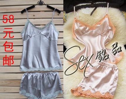 <em>真丝</em>睡衣女夏季<em>吊带</em>睡衣<em>加短裤</em>两件套装蕾丝简