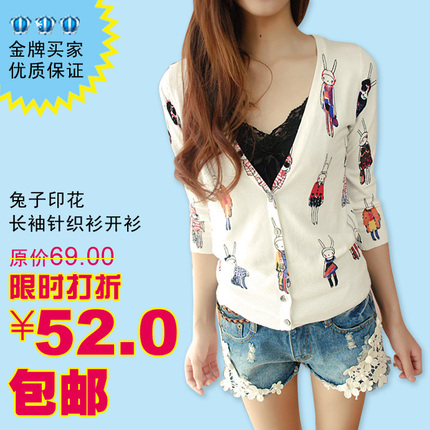 装新品 韩版百搭 兔子印花长袖<em>针织衫 薄开衫</em> 女