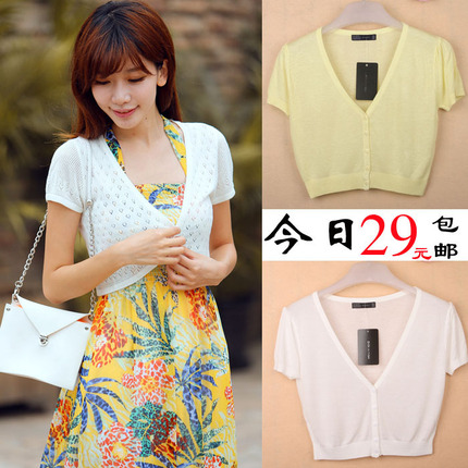 2014夏装新款韩版<em>短款</em>修身<em>短袖</em>镂空<em>针织衫</em>女