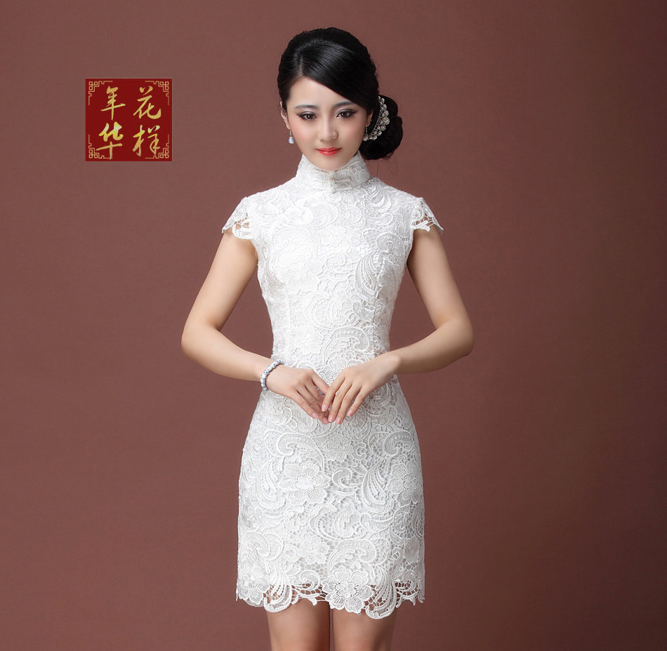 高档优雅 进口水溶蕾丝<em>旗袍</em> 奢华重工<em>白色</em>红色