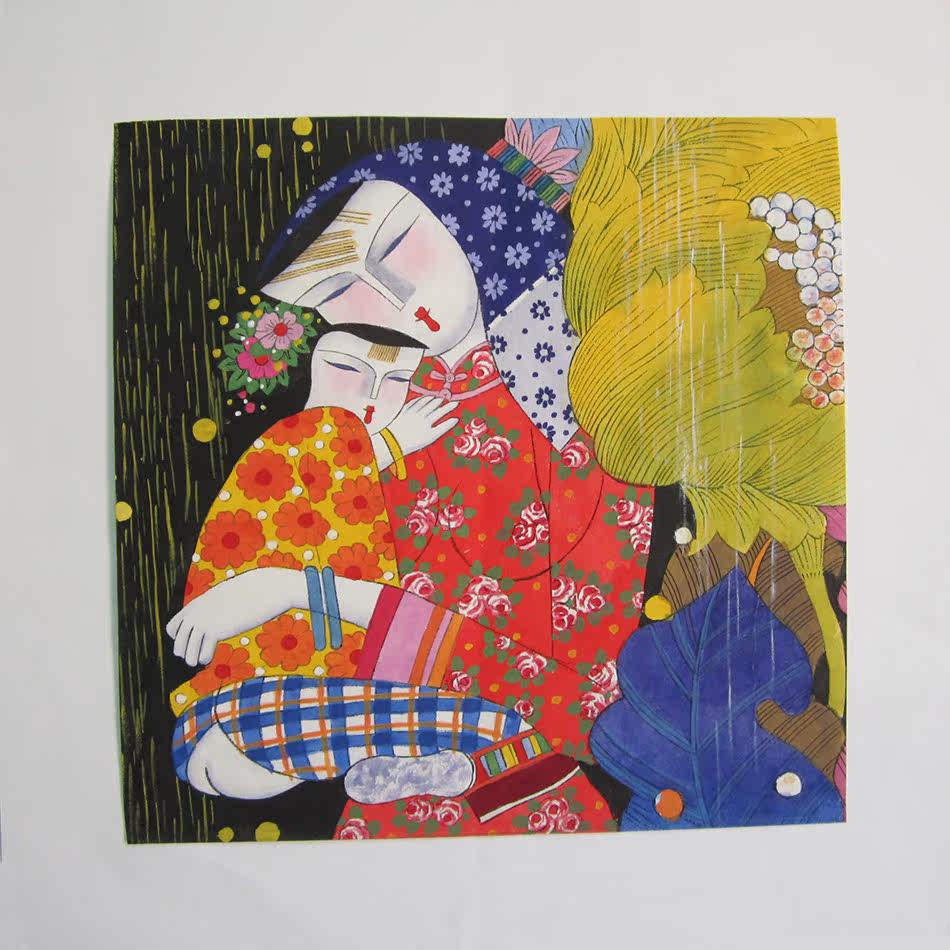 新婚送礼国画小品<em>母女</em>图中国<em>风情</em>画酒吧挂画咖