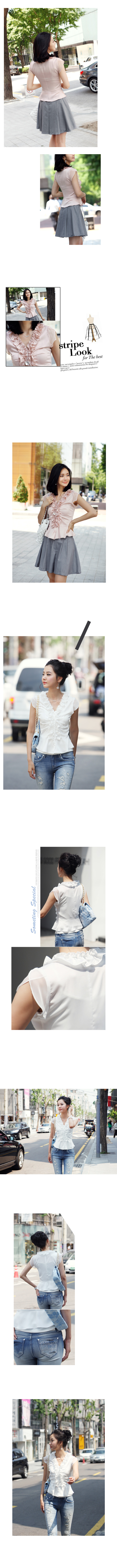 2015 summer wear new pattern OL Chiffon V Collar short sleeve shirt Korean version Sleeveless female Self-cultivation jacket Ruffles T-shirt Women's wear