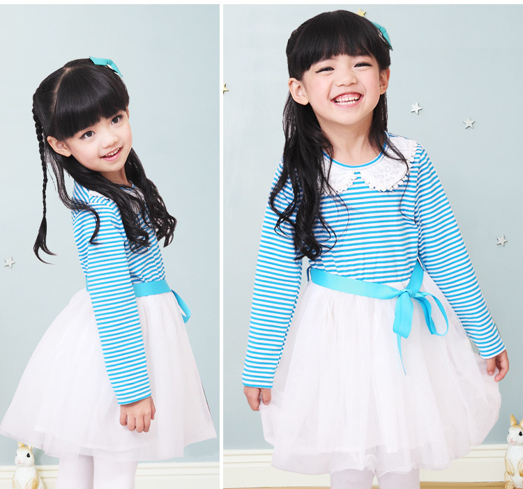 Jingle baby clothes girls Mitch 2013 spring new children's stitch long sleeve embroidery round neck stripes dress