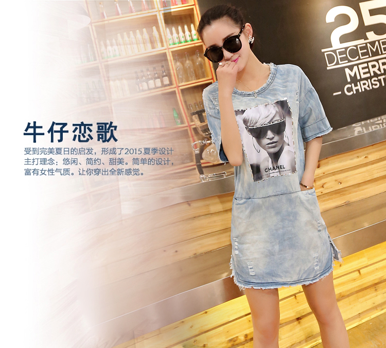 mssefn2015夏装新款韩版女装圆领印花牛仔连衣裙短裙子做旧显瘦215