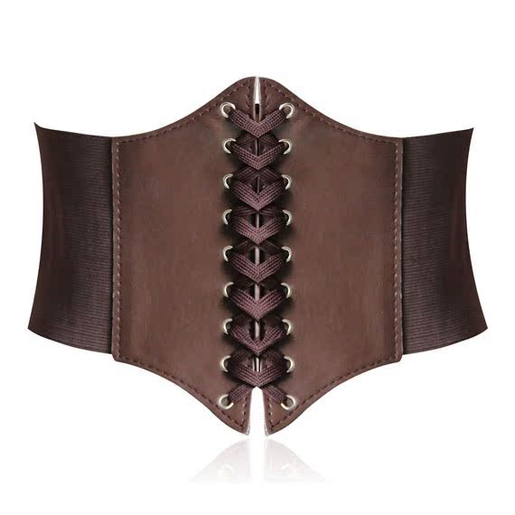 Womens Brown Belt Laceup Corset Style Elastic Cinch Belt Faux Leather