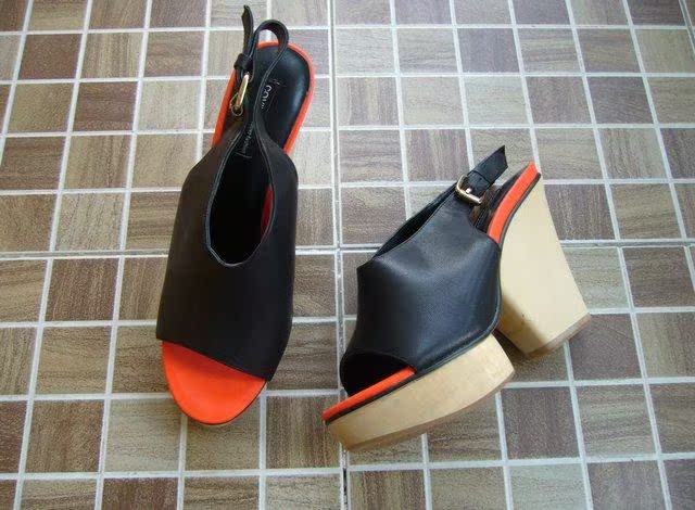 清仓 COVI'S六榕专柜正品 羊皮木跟撞色凉鞋原