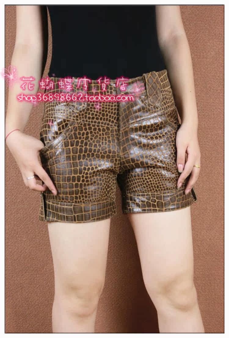 2012款韩版<em>真皮短裤</em> 女式<em>真皮印花</em>热裤 棕色鳄