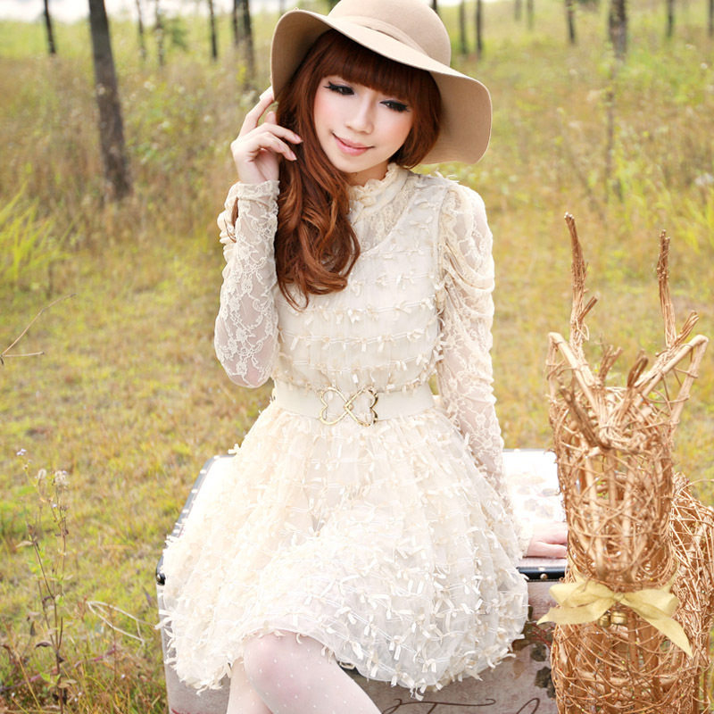 堆堆领百褶裙摆针织肩部蕾丝袖连衣裙 - 服饰区