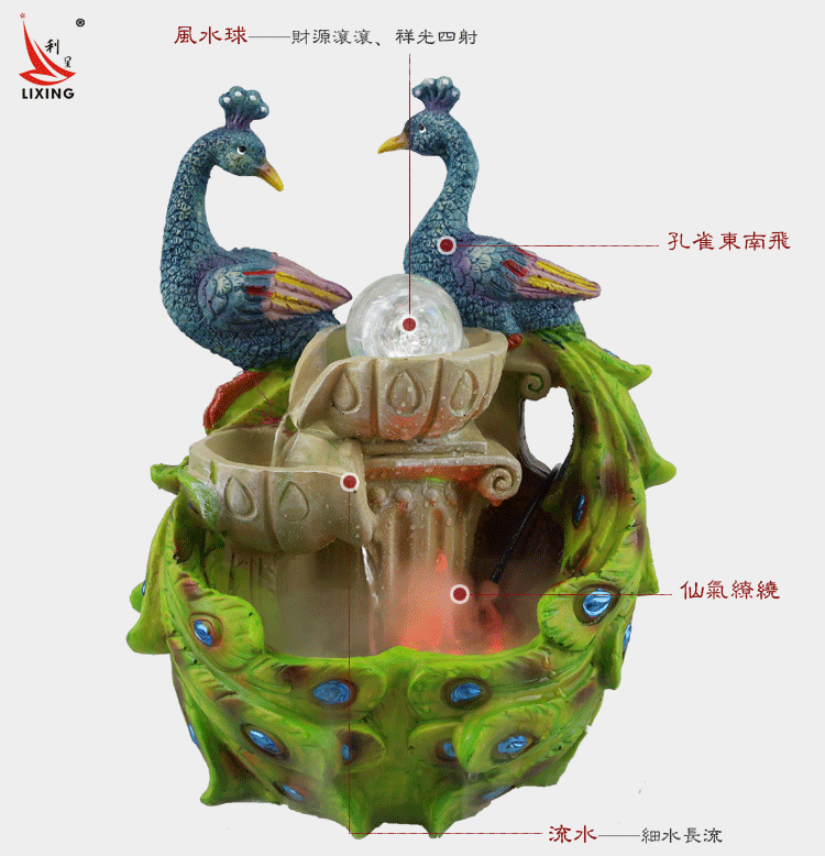 lx1360流水喷泉加湿器工艺品摆设家居装饰摆件新款孔雀流水