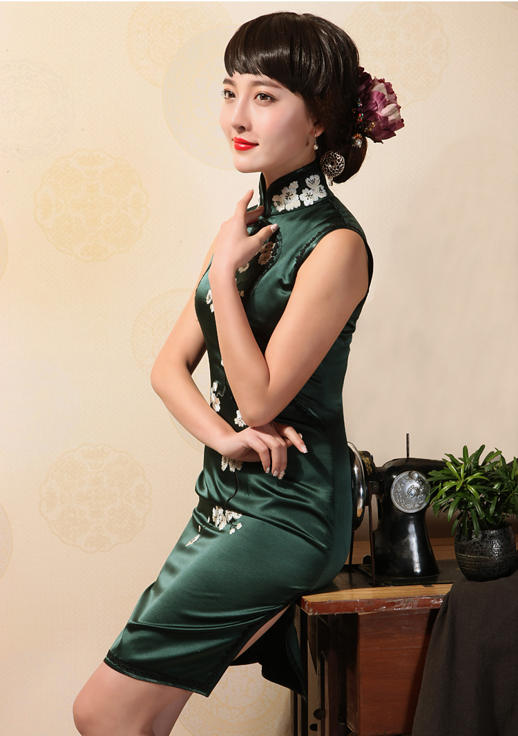 Birds of summer 2015 with new, the collar embroidered cheongsam manually Push embroidered heavy silk short sleeves cheongsam dress dark green XL pictures, price, brand platters! Elections are good character, the national distribution, so why buy now enjoy more preferential! Health