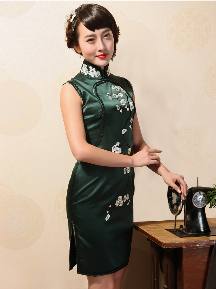 Birds of summer 2015 with new, the collar embroidered cheongsam manually Push embroidered heavy silk short sleeves cheongsam dress dark green XL pictures, price, brand platters! Elections are good character, the national distribution, so why buy now enjoy more preferential! Health