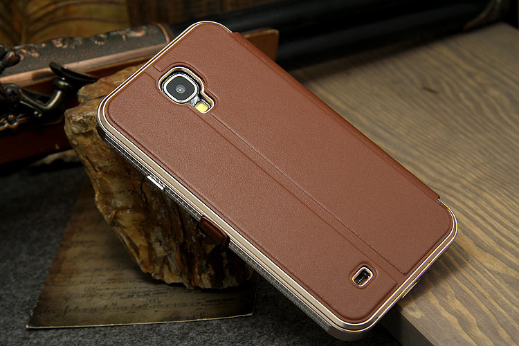 iMatch Luxury Aluminum Metal Bumper Premium Genuine Leather Flip Magnetic Case Cover for Samsung Galaxy S4