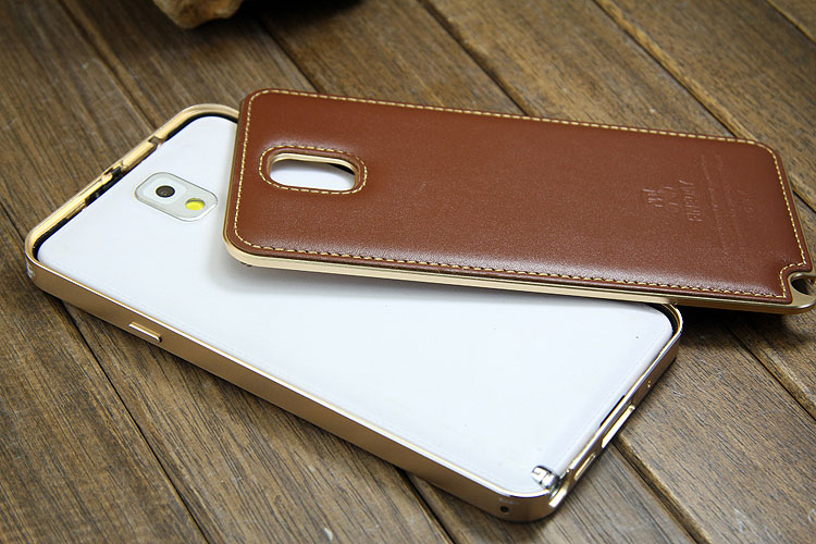 iMatch Luxury Aluminum Metal Bumper Premium Genuine Leather Back Cover Case for Samsung Galaxy Note 3 N9000