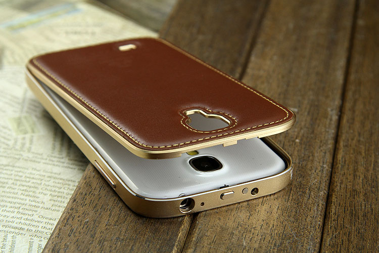 iMatch Luxury Aluminum Metal Bumper Premium Genuine Leather Back Cover Case for Samsung Galaxy S4 i9500