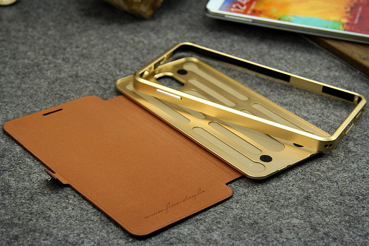 iMatch Luxury Aluminum Metal Bumper Premium Genuine Leather Flip Magnetic Case Cover for Samsung Galaxy Note 3